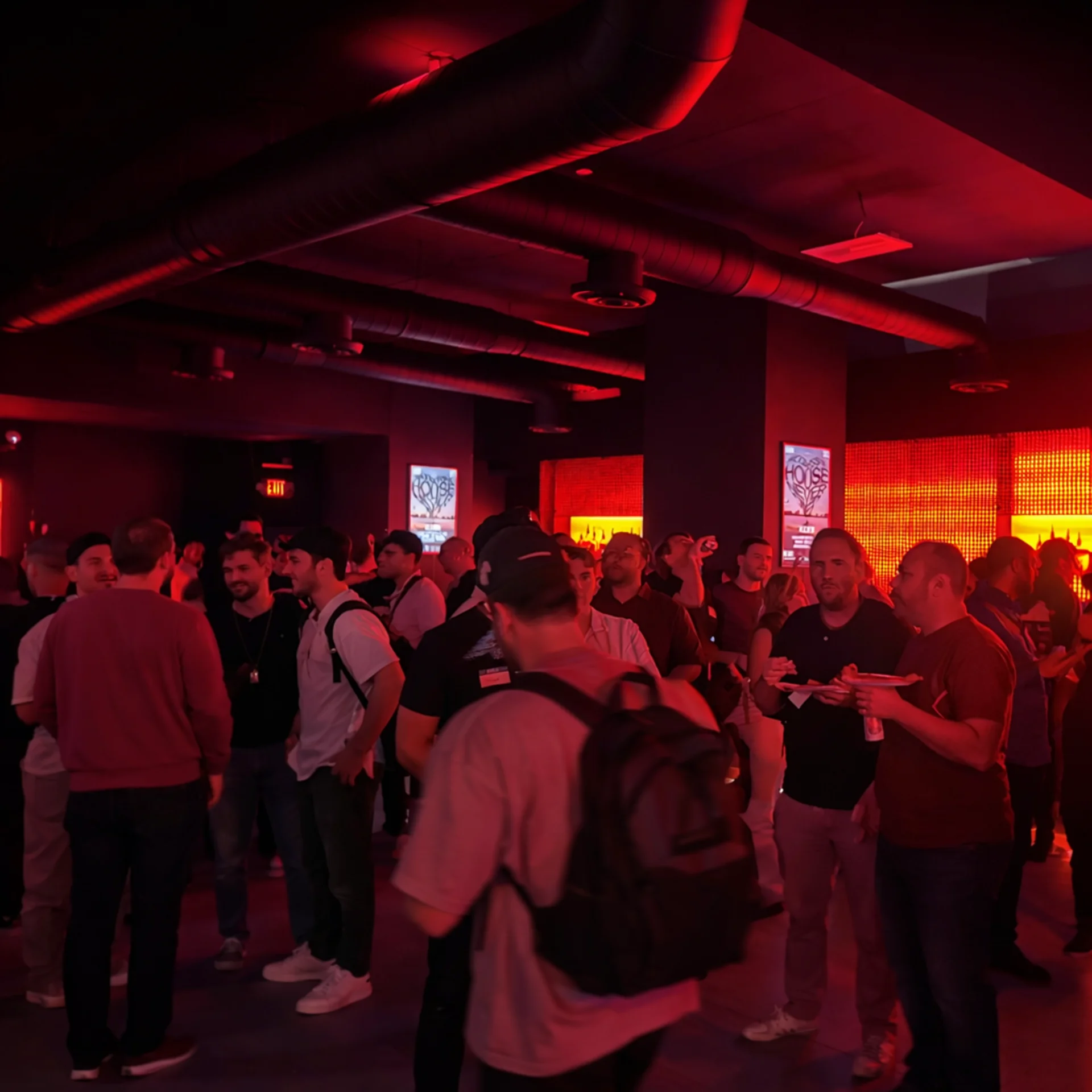 ClawCon venue crowd bathed in red light