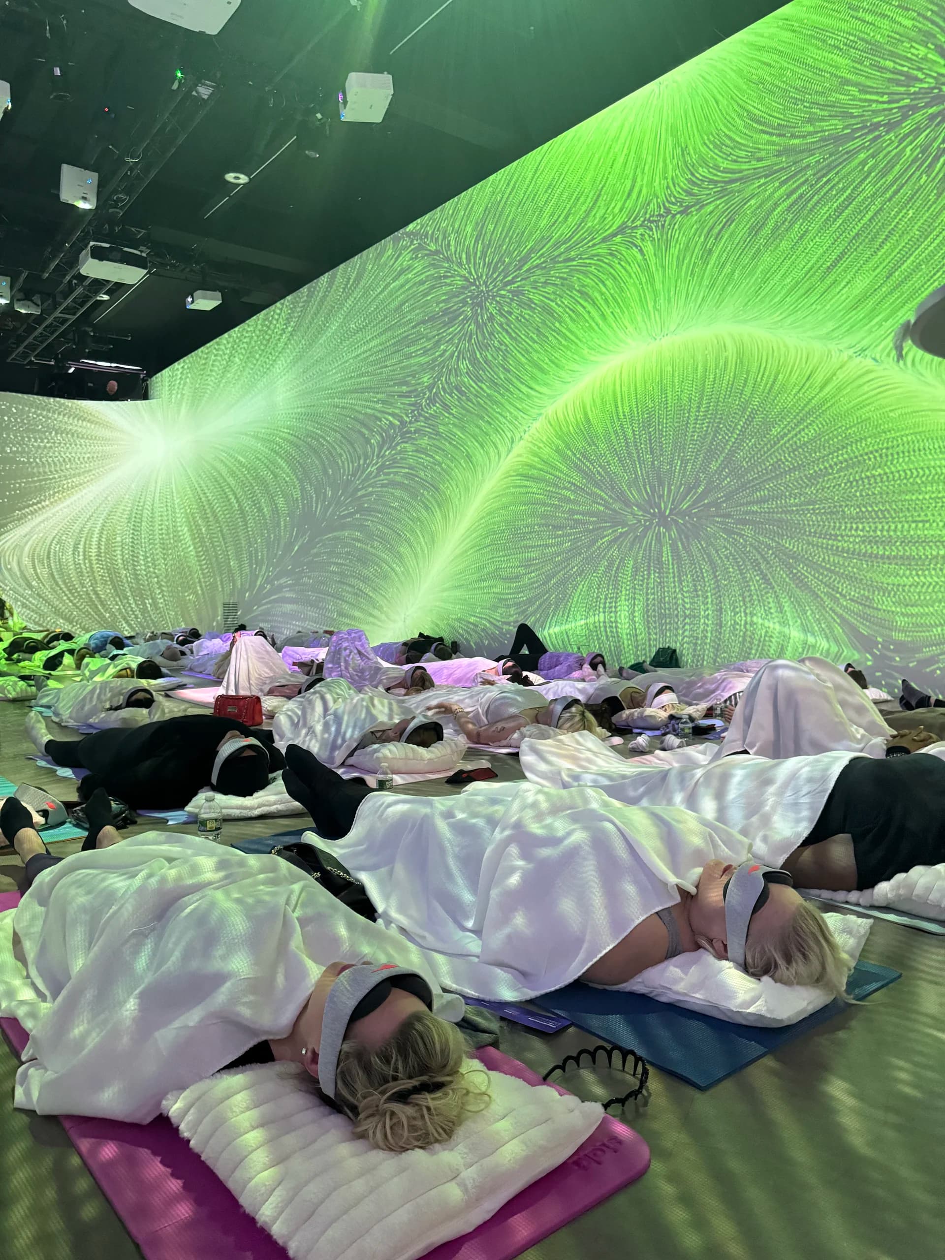 Close-up of green fractal generative artwork on walls